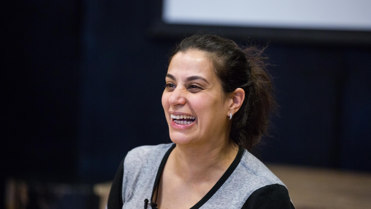 ASU comedian-in-residence Maysoon Zayid laughs.