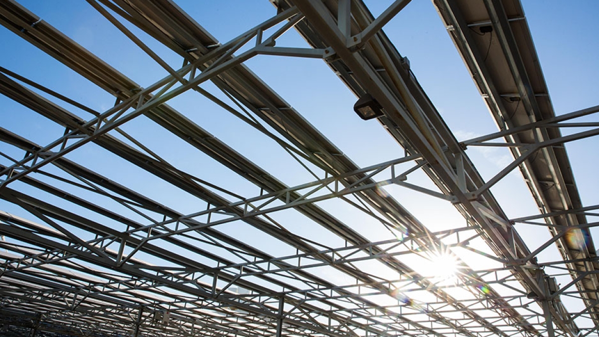 On the ASU Tempe campus, solar energy panels generate renewable energy and provide shade. 