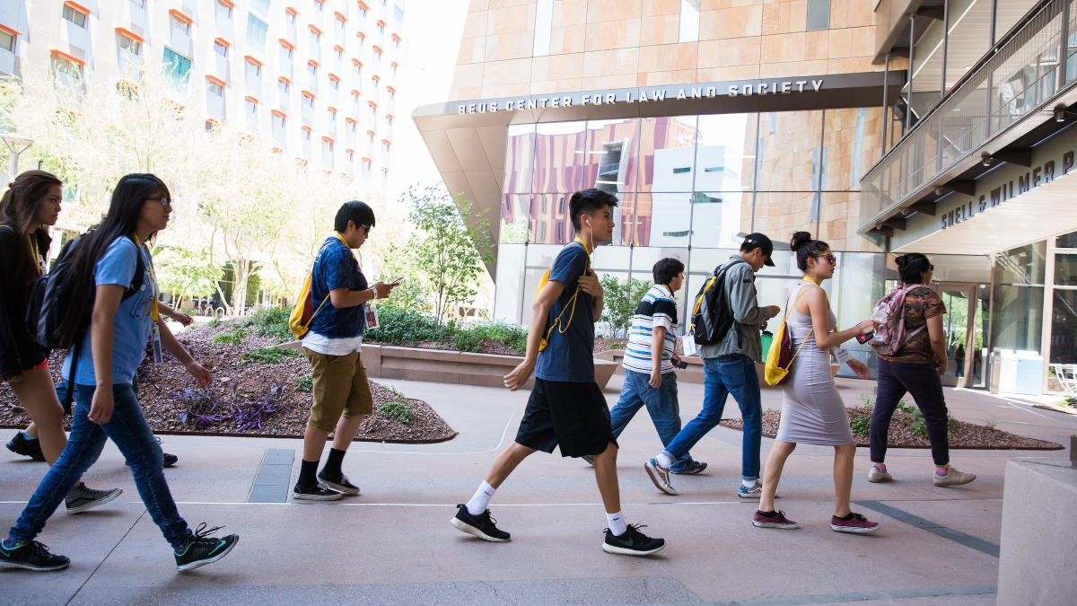 Native high school students in ASU's Inspire camp head into the Beus Center for Law and Society at Downtown Phoenix campus