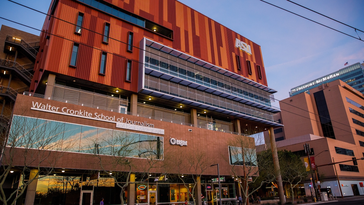 Exterior of the Walter Cronkite School of Journalism and Mass Communication building in downtown Phoenix.