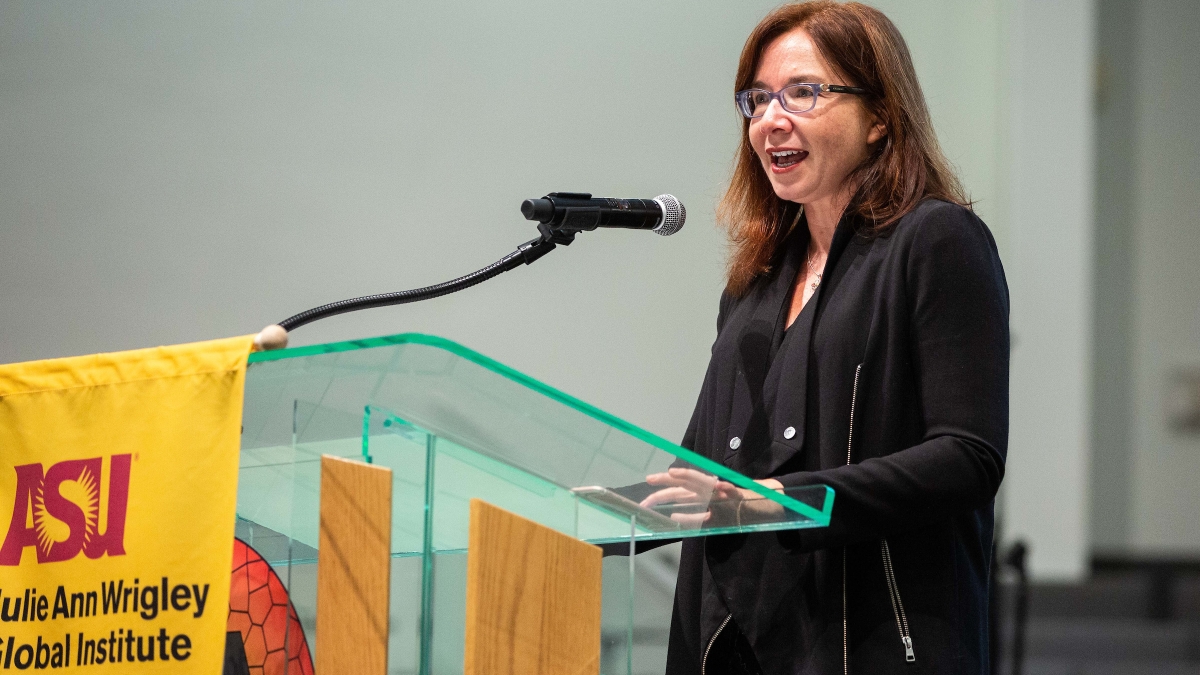 Climate scientist and Texas Tech professor of political science Katharine Hayhoe speaks at an ASU climate lecture