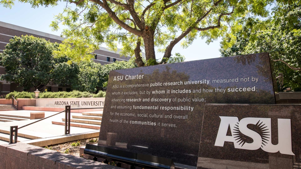 Photo of monument at ASU West campus with ASU Charter description