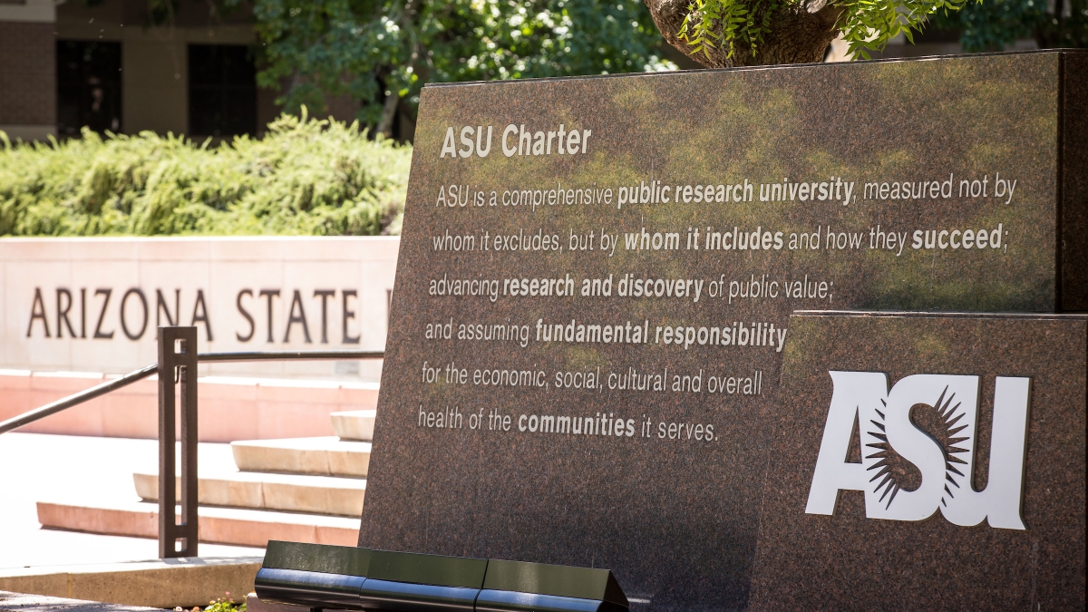 A sign shows ASU's charter