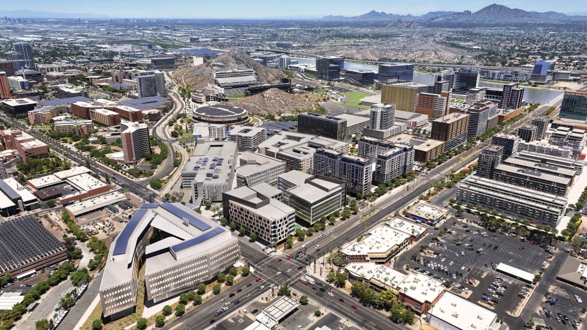 Aerial rendering of the Novus Innovation Corridor at future completion, looking northwest from University and Rural