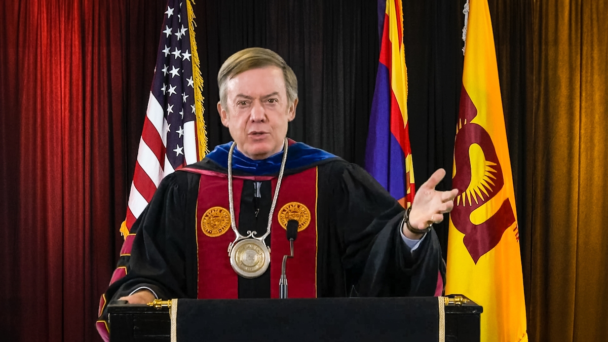 A screenshot of ASU President Michael Crow during the virtual fall 2020 commencement