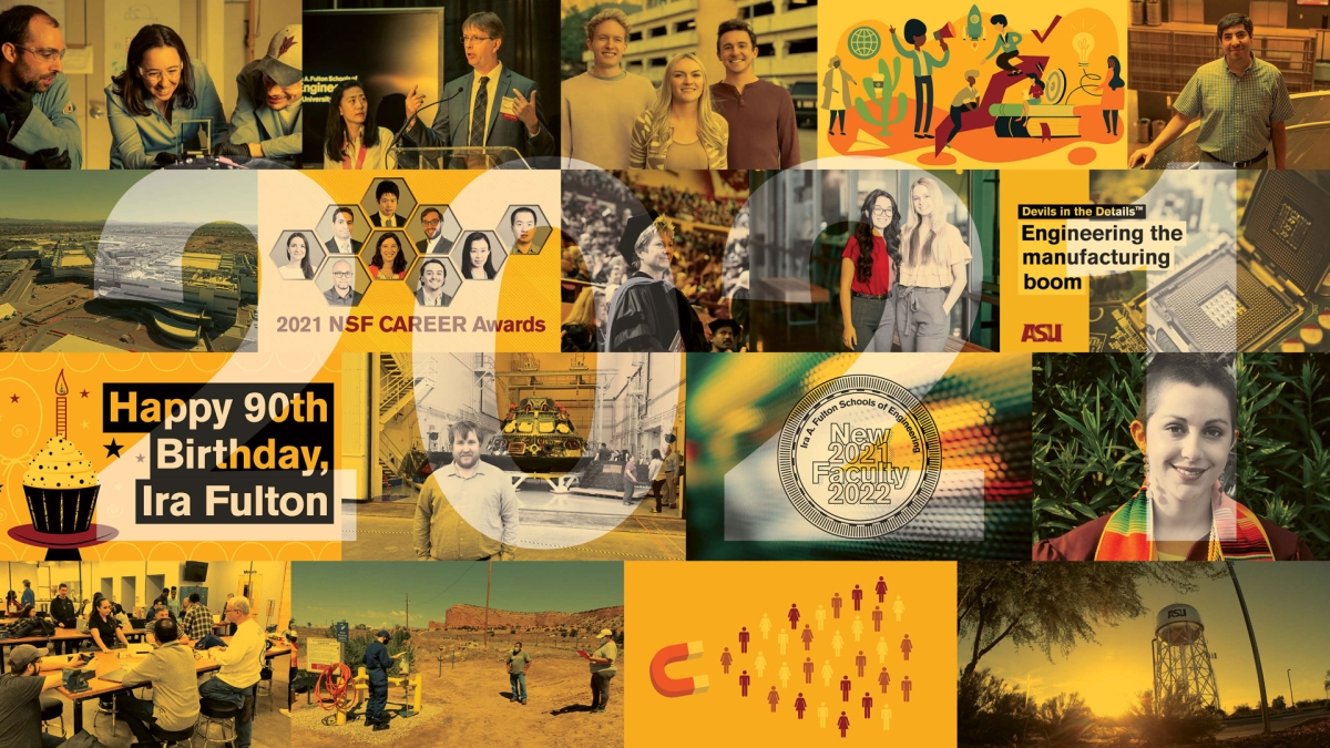 Collage of photos from 2021 news stories about ASU's Ira A. Fulton Schools of Engineering.