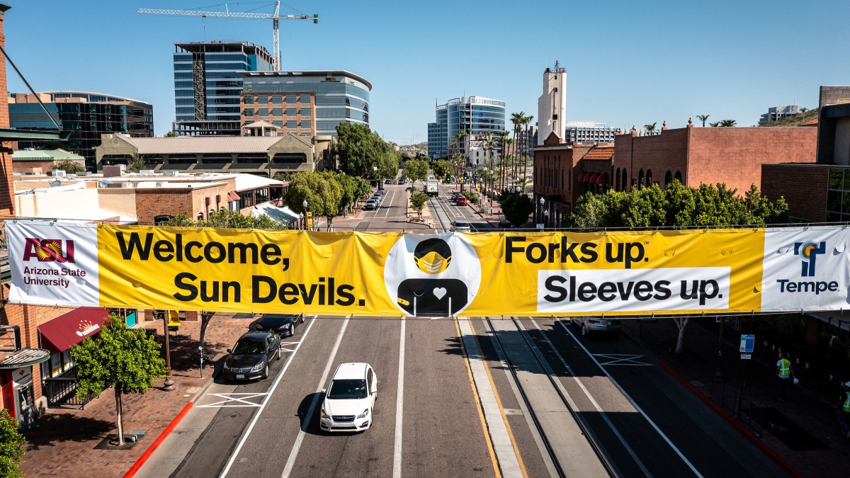 Forks up Sleeves up banner on Mill Avenue