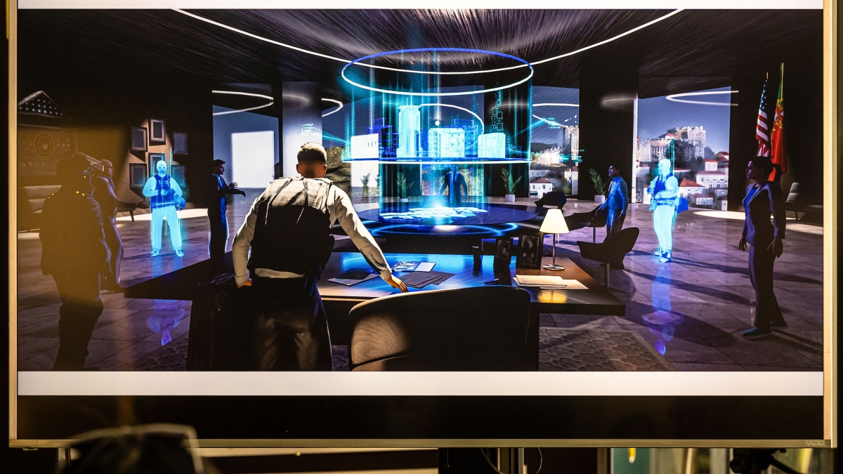 Illustration depicting people around a holographic table in the future.