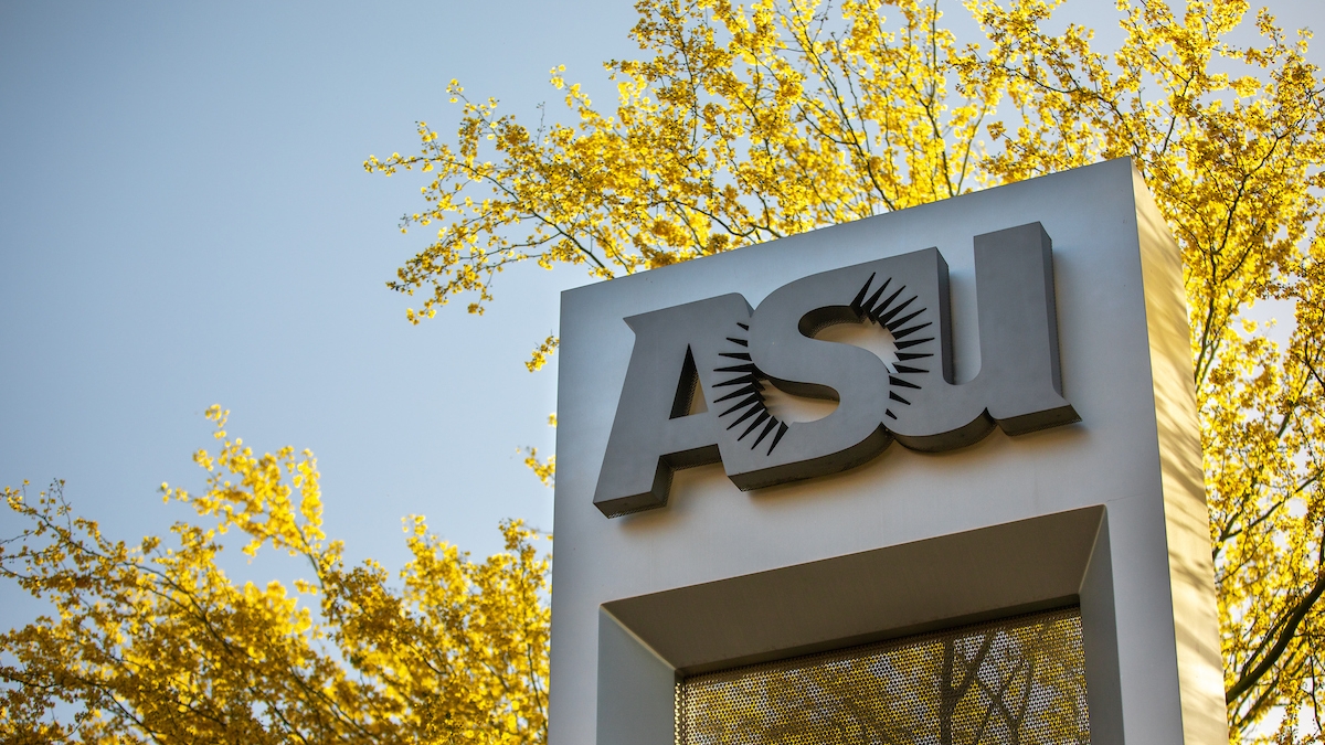 ASU sign surrounded by palo verde blooms.