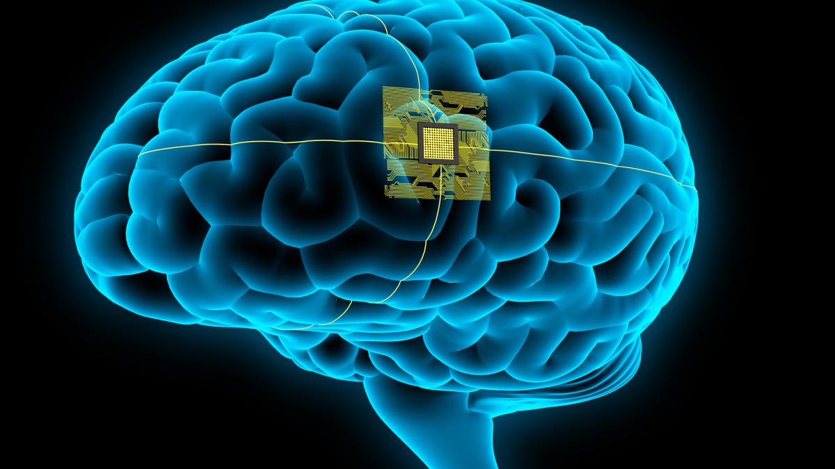 Graphic illustration of a brain with a chip in it.