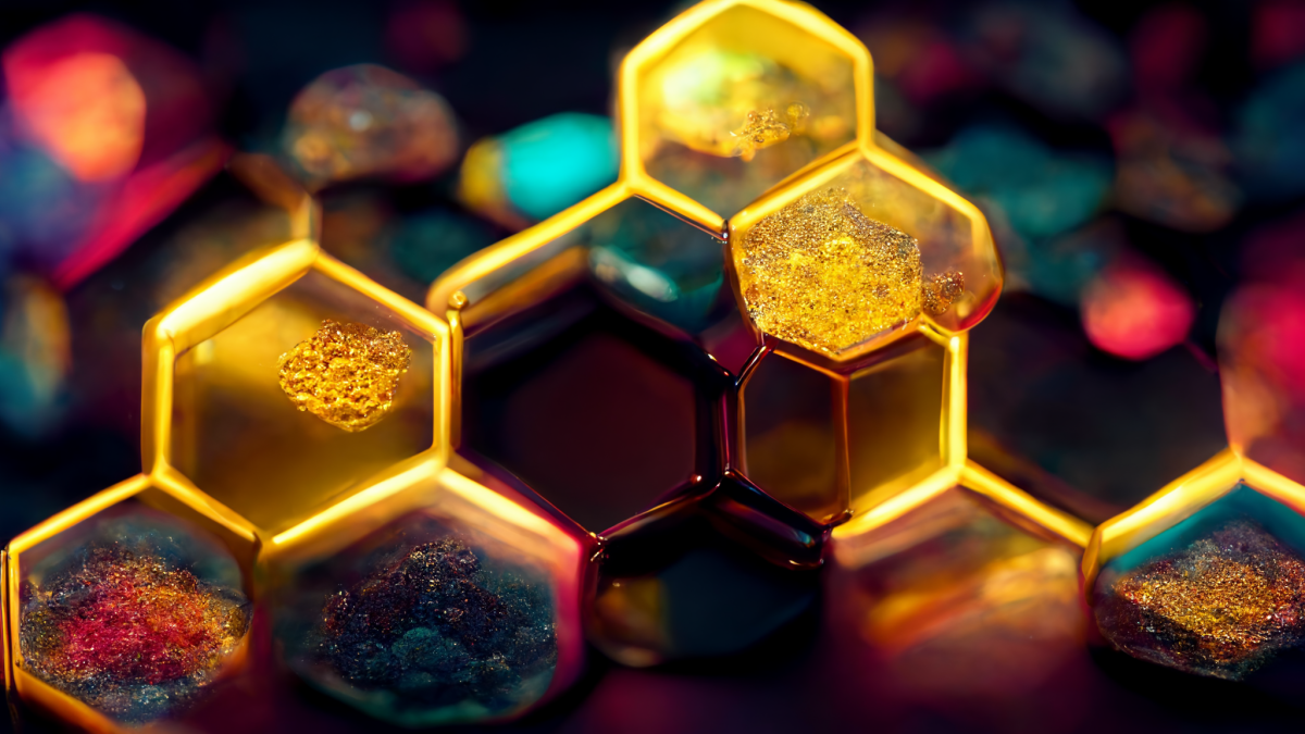 Photo illustration inspired by the structure of covalent organic frameworks, featuring several hexagonal forms stacked atop each other..
