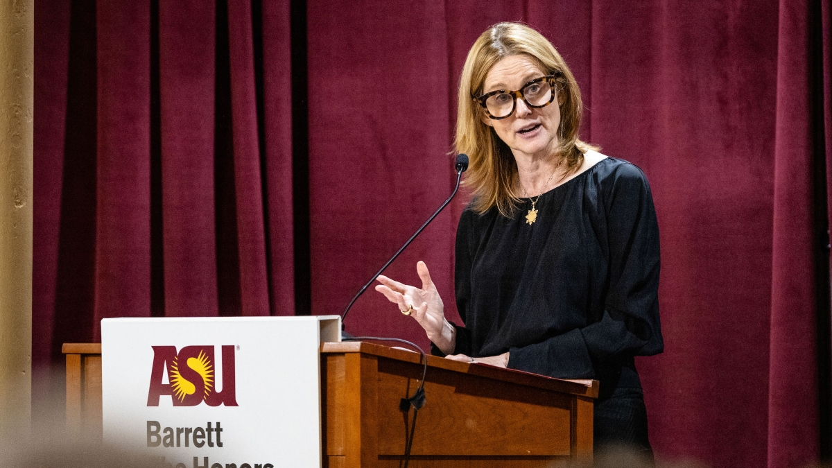Actress Laura Linney speaking at lectern at ASU event
