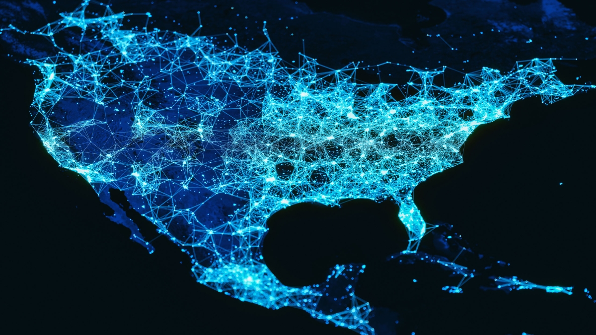 An image depicting the power grid network in the United States in shades of blue.