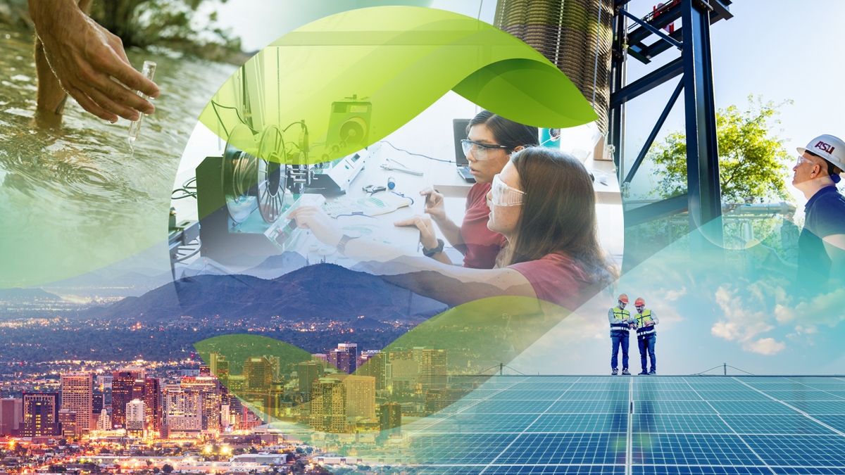 Collage showing hands collecting water sample, women working in a plastic recycling microfactory, a man looking at a carbon capture device, the city of Phoenix and men looking out over an array of solar panels
