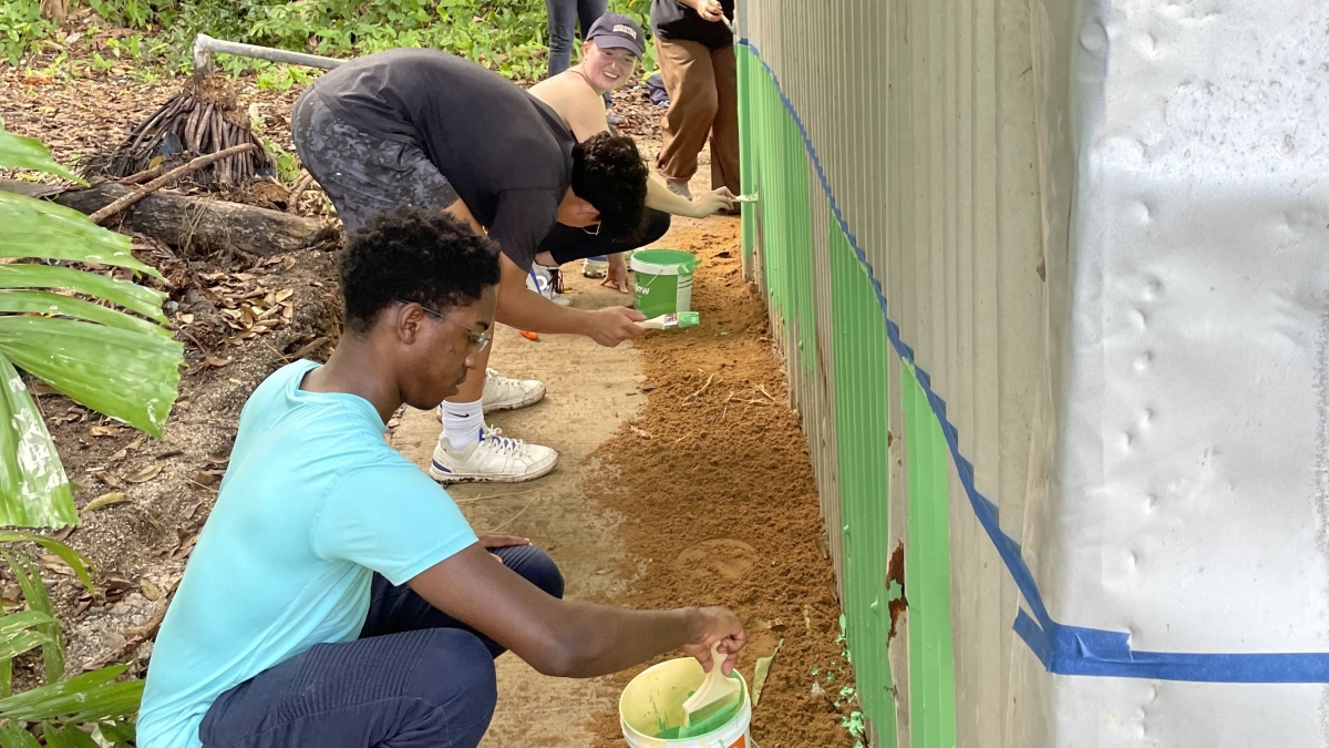 Students painting garden shed a light green color in an outdoor setting