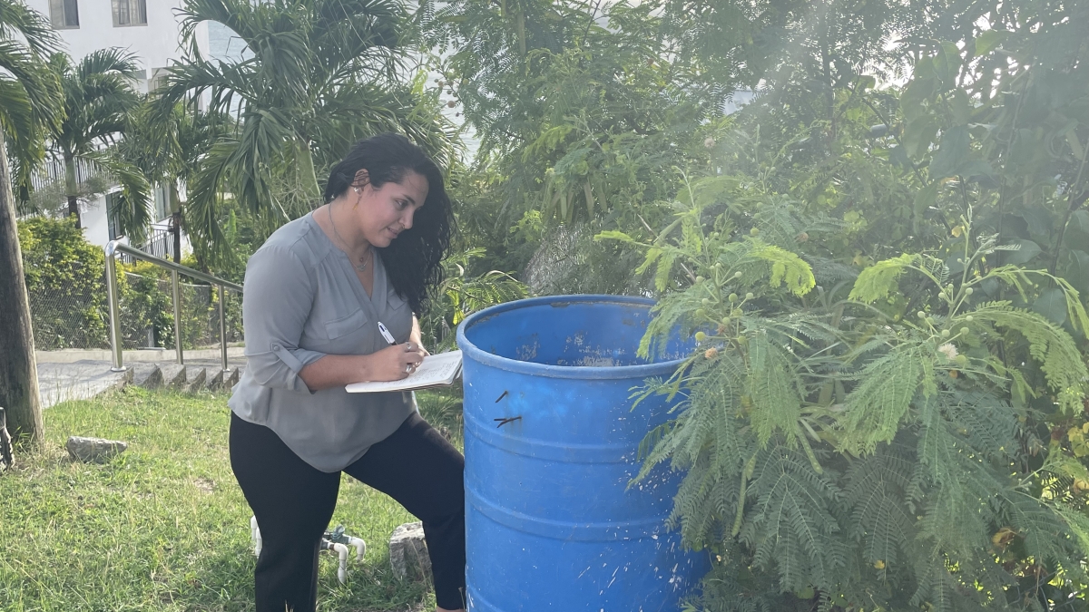 Researcher examining household water tanks in an outdoor setting.