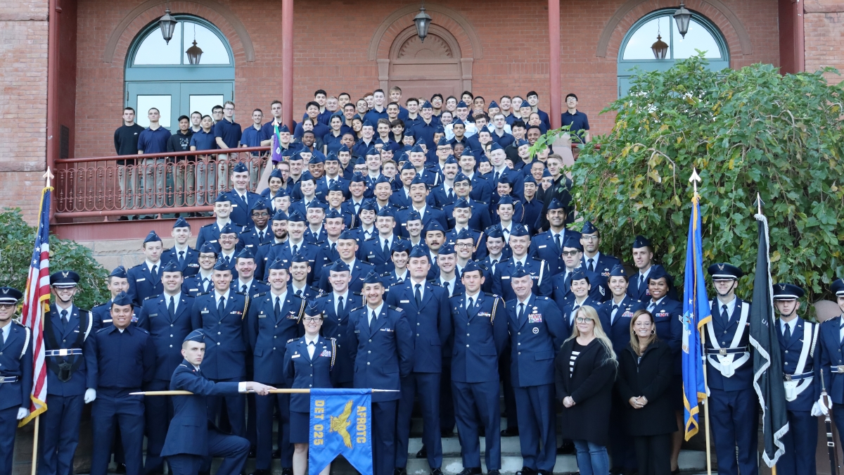 Group of Air Force ROTC members posing on a large staircase.