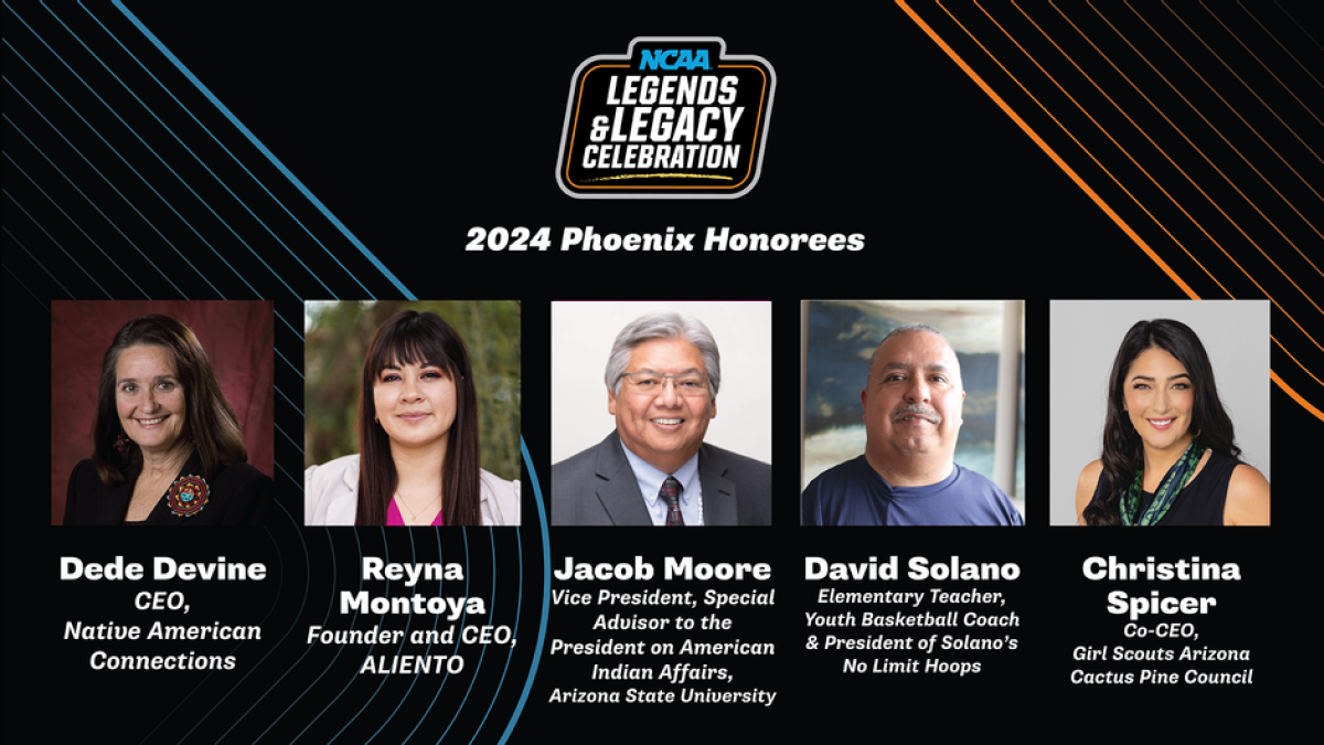 An infographic showing headshots of the five recipients of the NCAA Men’s Final Four Phoenix 2024 Legends and Legacy Community award