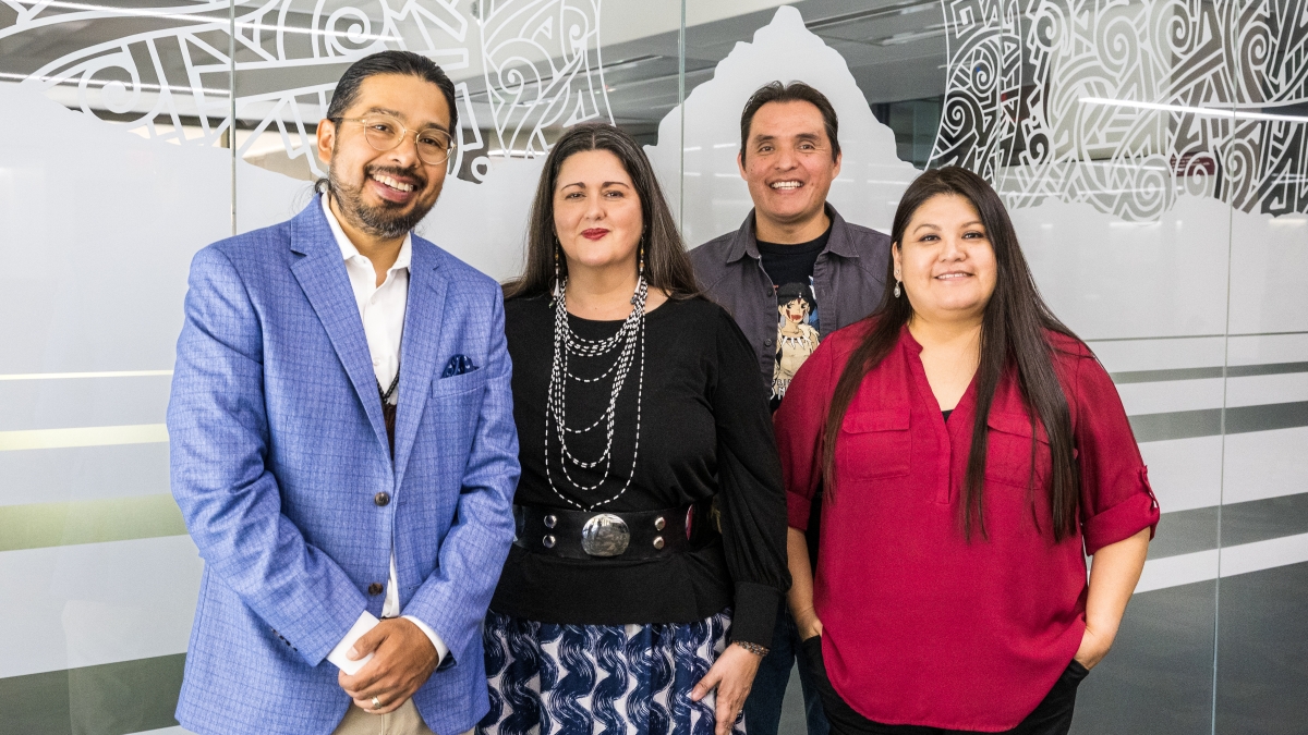 Labriola Center director Alex Soto (Tohono O'odham), left, stands with his staff Alycia de Mesa (Apache of Chihuahua, Mexican decent) Eric Hardy (Navajo) and Vina Begay (Diné) outside the Center on Tuesday, March 26, 2024. The newly renovated location will hold its grand opening and open house in the Hayden Library space on the afternoon of Wednesday, April 3, 2024. The space is designed for Indigenous American research, study and community involvement and features Native American artwork and graphic design
