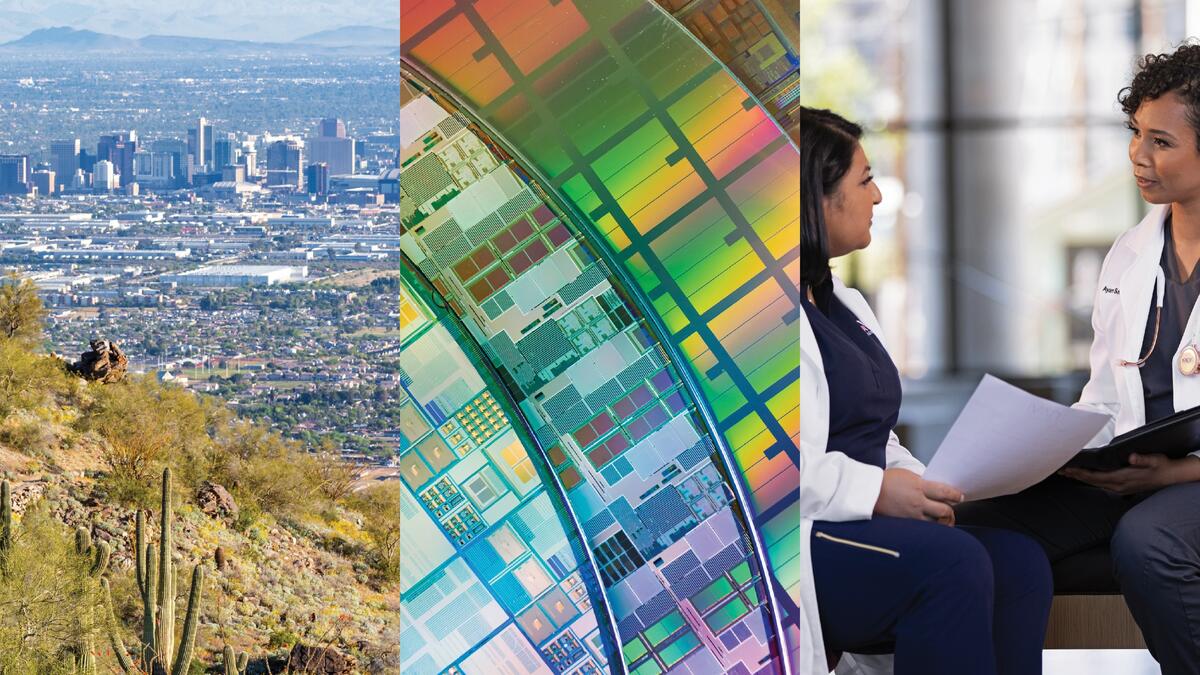 Collage of three photos: Phoenix skyline, close up of colored electronic chips, two nurses talking