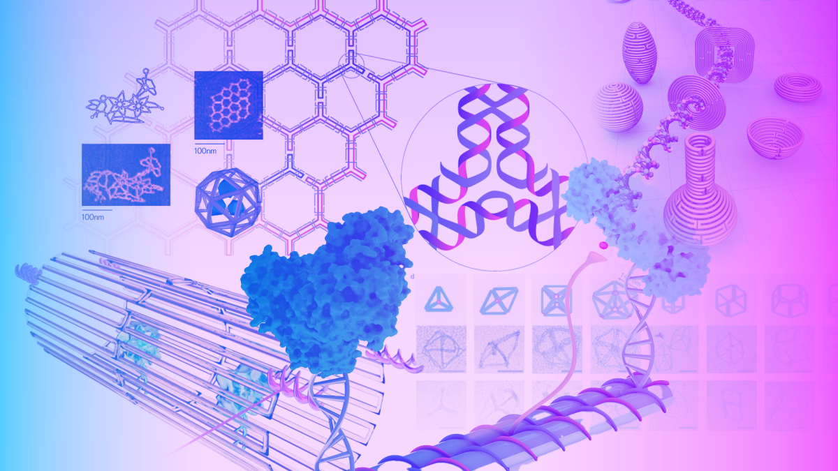 Graphic illustration of various doodles representing DNA nanotechnology.