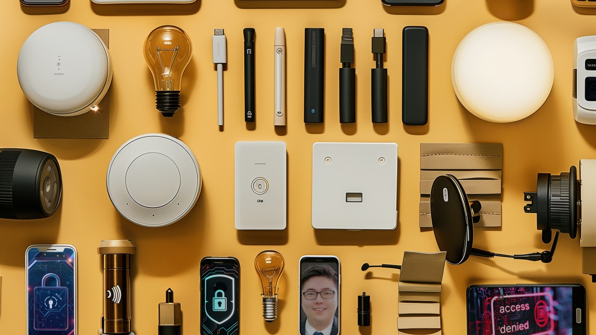 An array of edge devices such as cell phones and smart light bulbs against a yellow background.