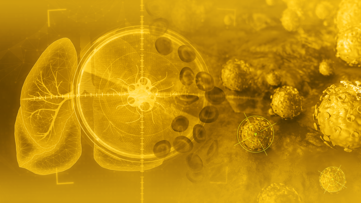 Graphic image in gold depicting cancer cells.