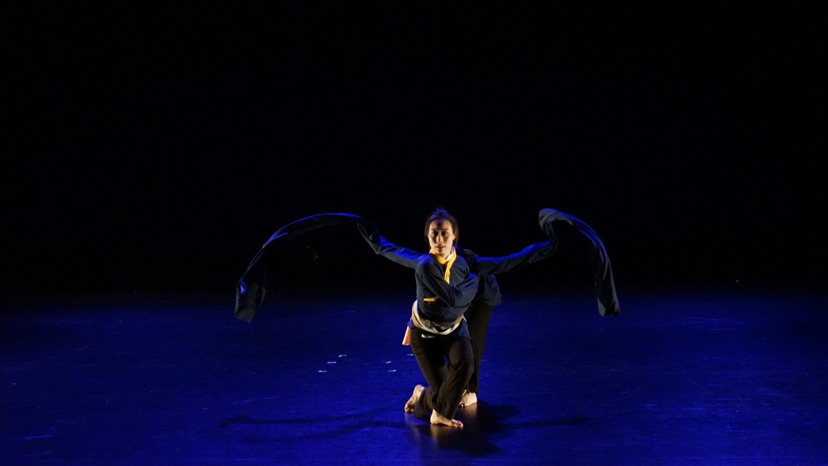 One dancer stands behind the other with arms extended like wings against a dark blue background
