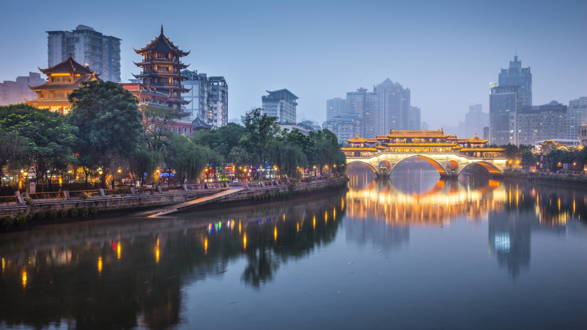 Skyline of Chengdu, China, showing modern and traditional architecture
