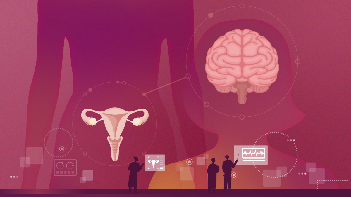 illustration of a highlighted uterus and brain connected by lines in the silhouette of a woman's body
