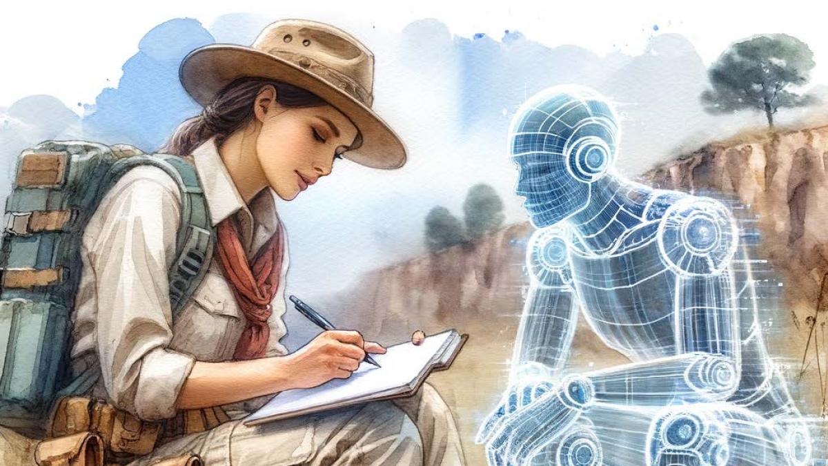 Illustration of a scientist taking field notes while sitting next to a cyborg figure.