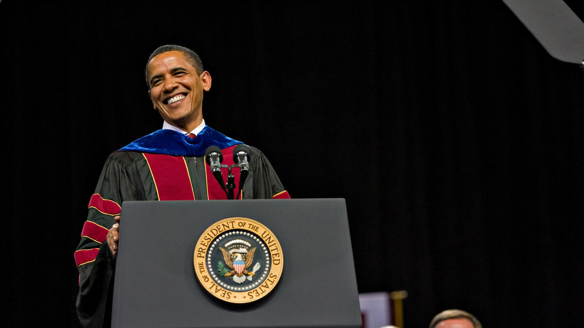President Barack Obama speaks at Arizona State University's 2009 spring commencement.