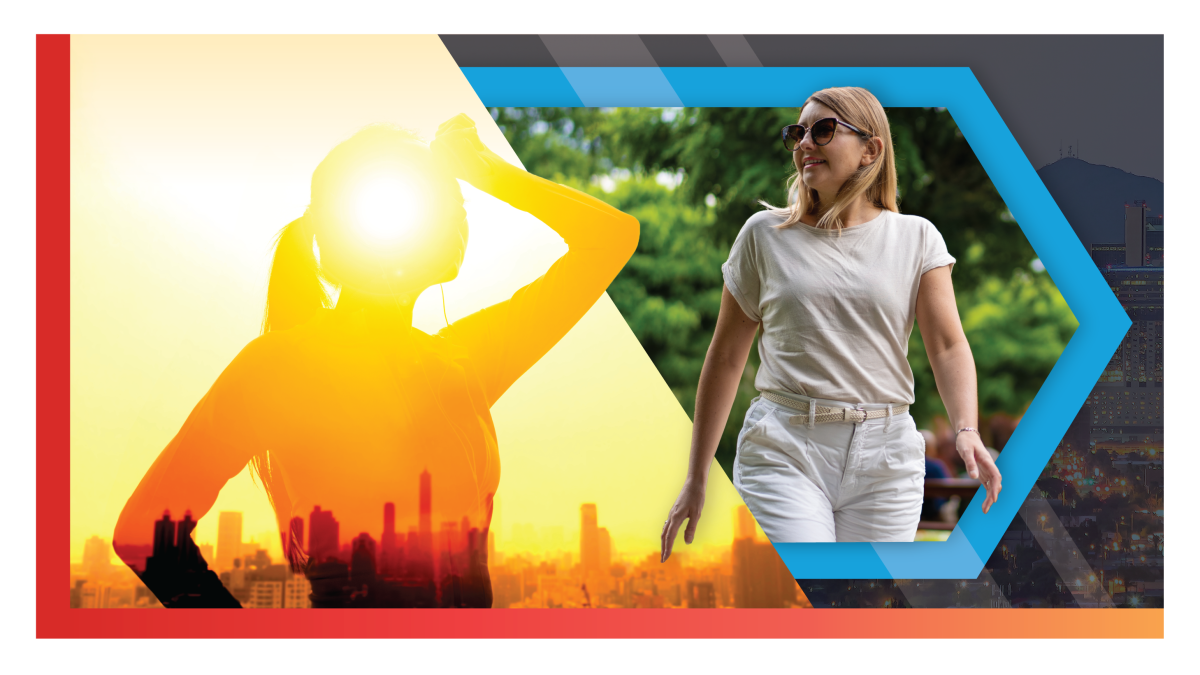 Image featuring a silhouette of a woman who appears overheated in front of a bright sun and a woman walking outdoors with green foliage in the background.