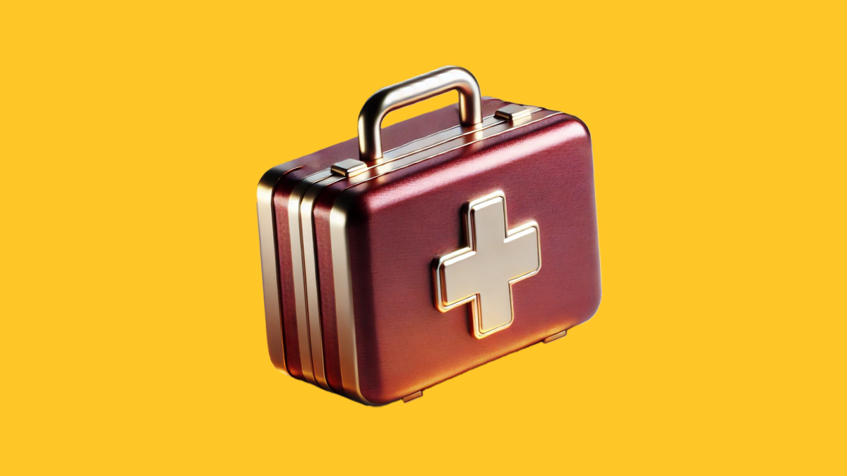 A maroon medical kit floating on a flat ASU gold background