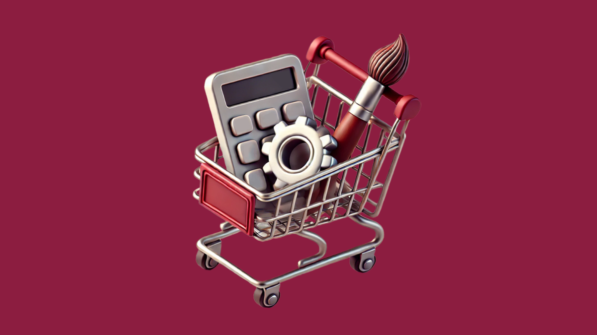 A shopping cart with a calculator, paintbrush and gear on a flat ASU maroon background