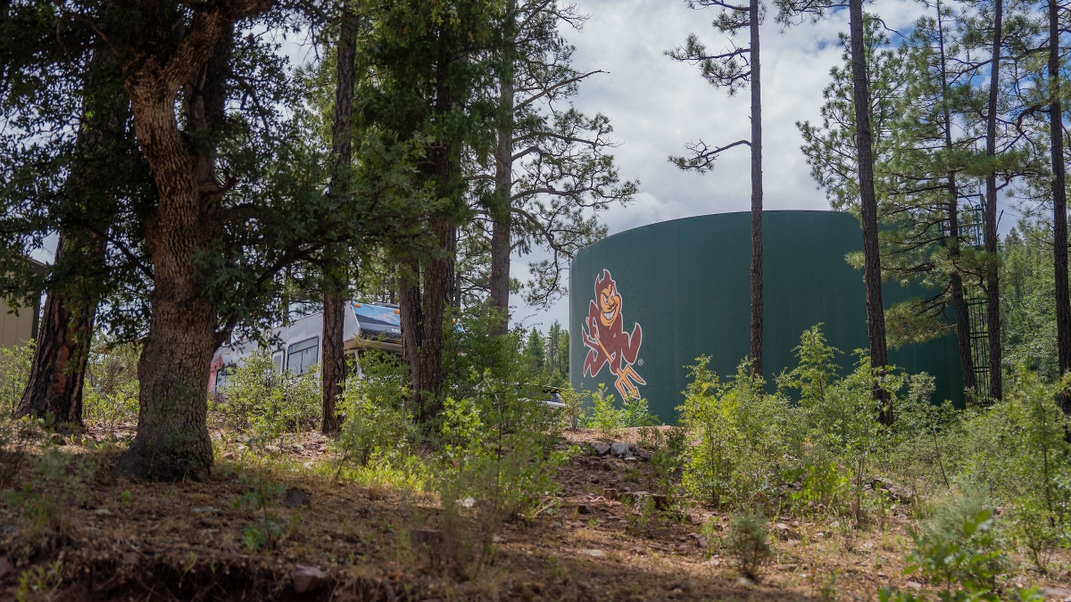 Water tank with a large mural of Sparky the Sun Devil situated among pine trees