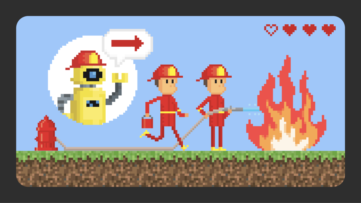 A graphic depiction of a Minecraft game with two firefighters extinguishing a fire. 