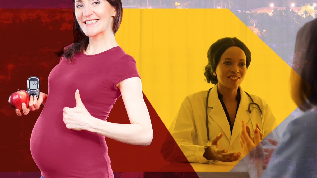 A collage image of a pregnant woman checking her blood sugar levels next to an image of a doctor chatting with a patient.