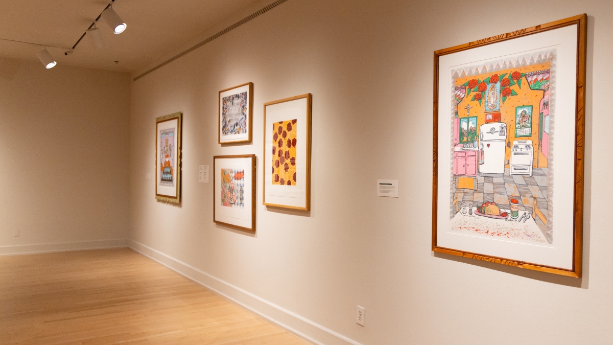 Photo of Chicano/a/x prints framed in the ASU Art Museum