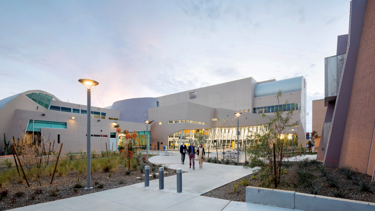 Exterior of Ross-Blakley Hall on the ASU Tempe campus at twilight