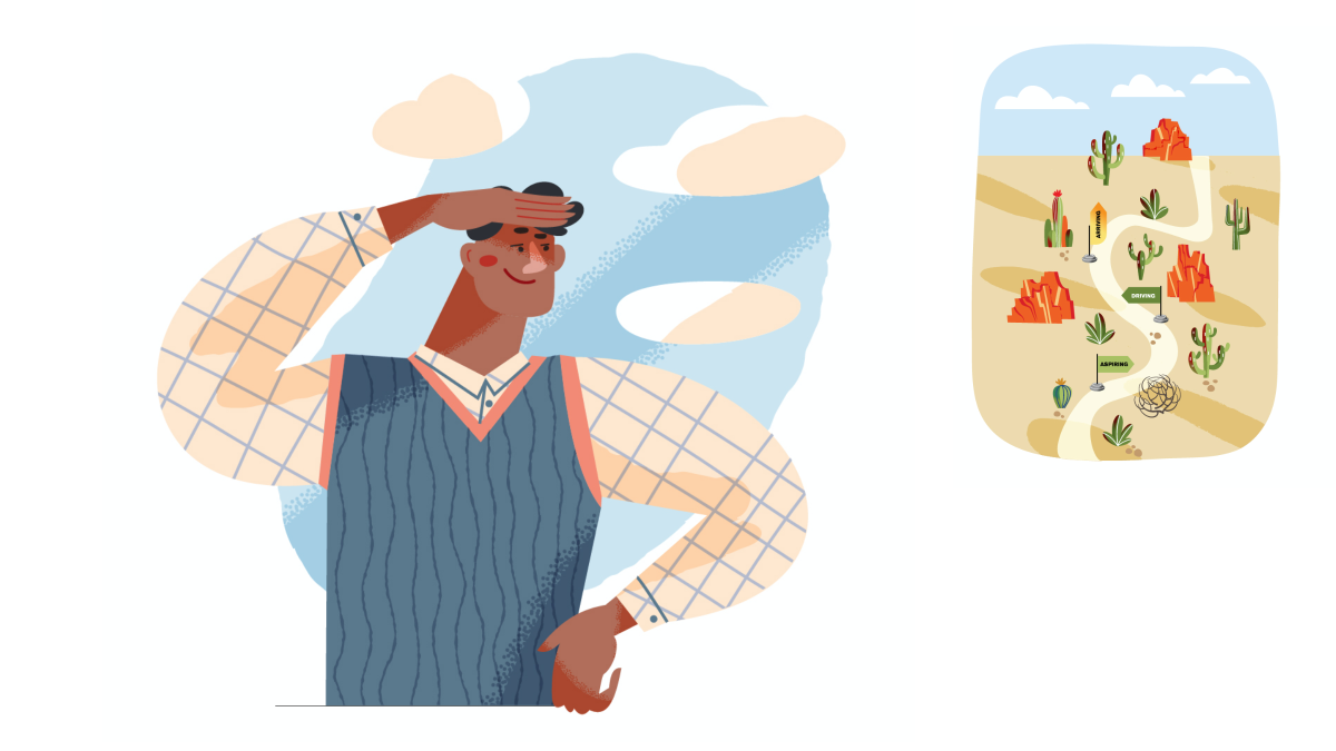 Illustration of man looking at windy desert road