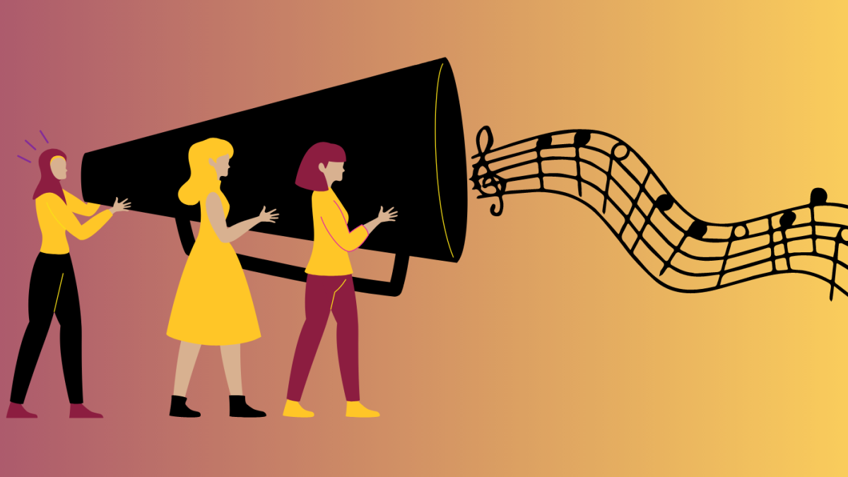 Illustration of women holding a large megaphone out of which musical notes emanate.