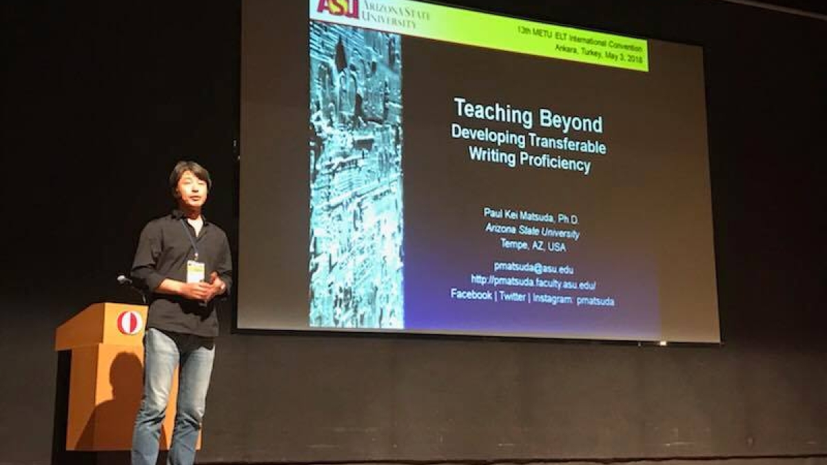 Paul Kei Matsuda, a professor in ASU's Department of English, presents a seminar on second language writing programming during his trip with the U.S. State Department's English Language Specialist Program to Turkey.