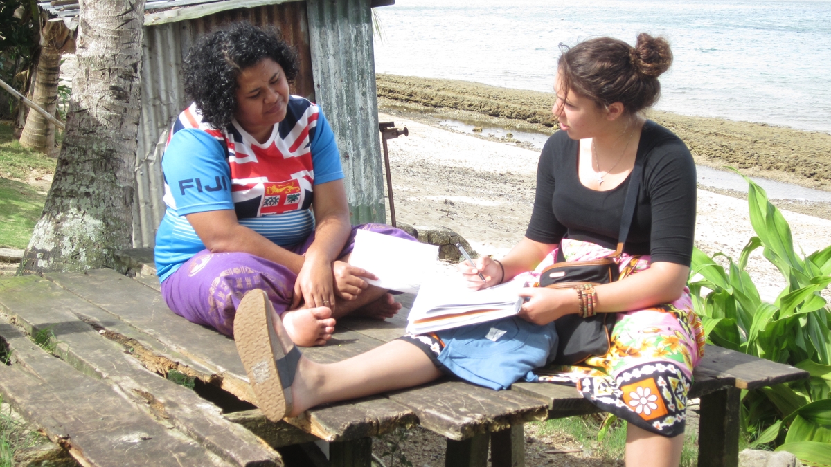 An ASU student interviews a Fiji woman for the Global Ethnohydrology Project