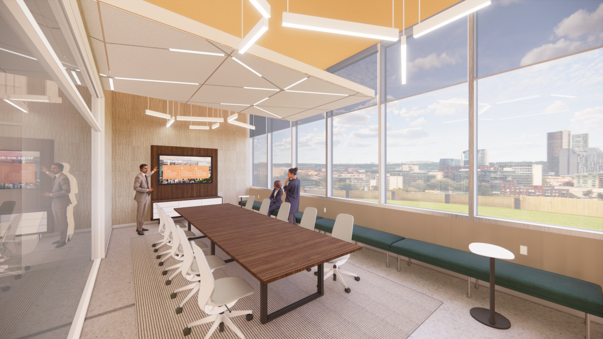 Digital rendering of a boardroom with a long table and a screen on one wall. A view of downtown Phoenix can be seen out the window.