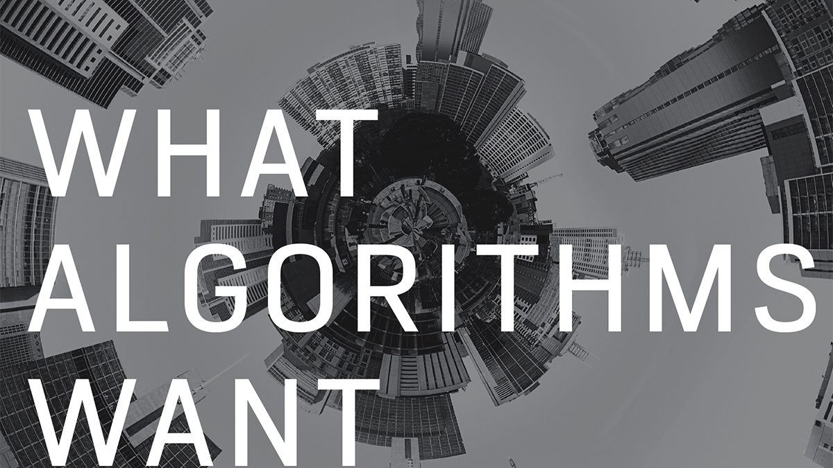 Cover of Ed Finn's book "What Algorithms Want," showing a distorted city skyline in grayscale.