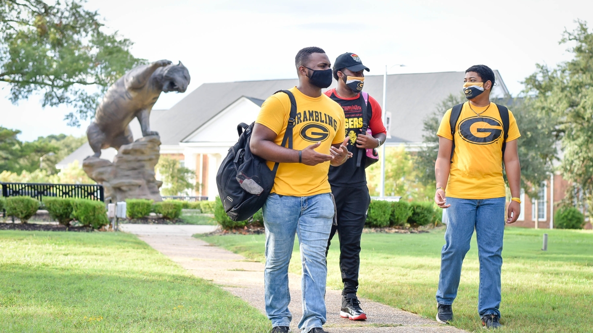 Three Grambling State University students walking on the GSU campus