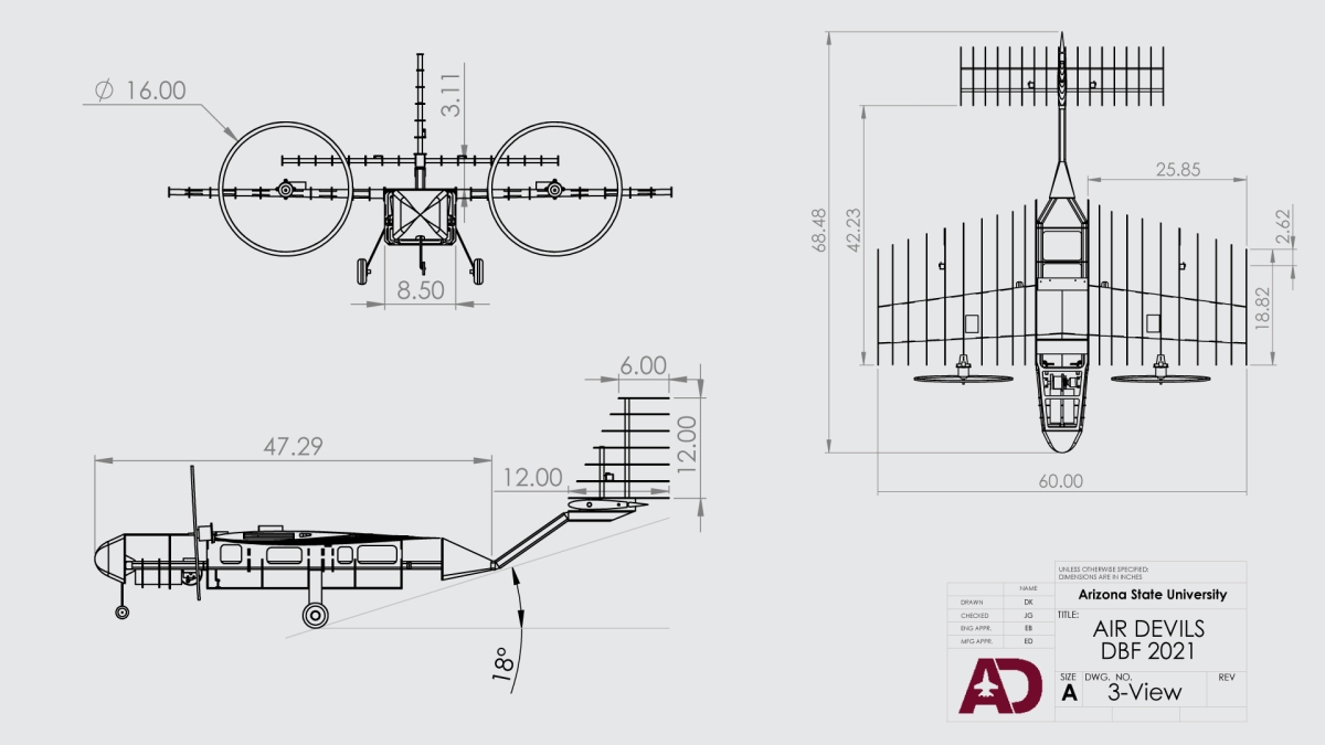 The ASU Air Devils student organization's aircraft design for the AIAA Design/Build/Fly competition.