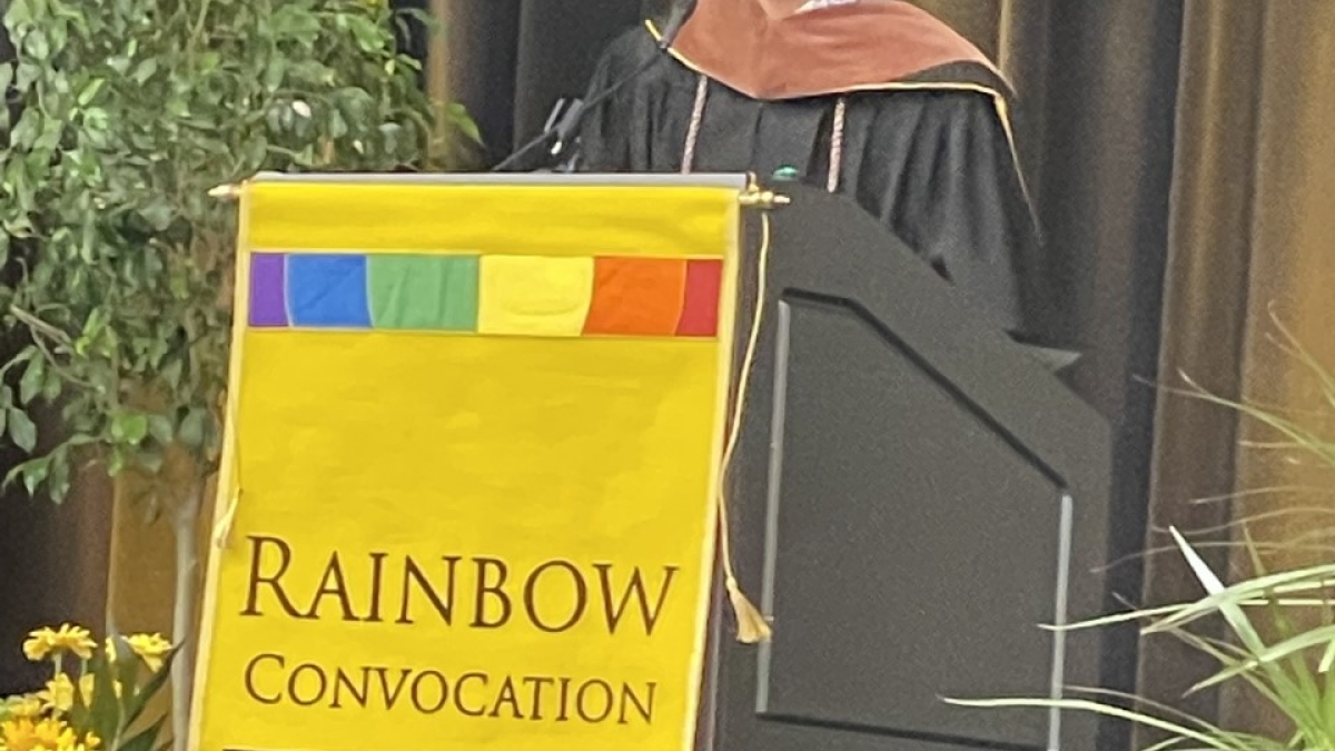 ASU Lecturer Anne Kotleba speaks to the spring 2022 Rainbow Convocation.