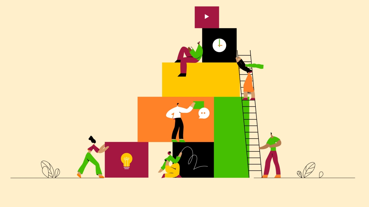 Illustration of people building a structure with various boxes with images on them